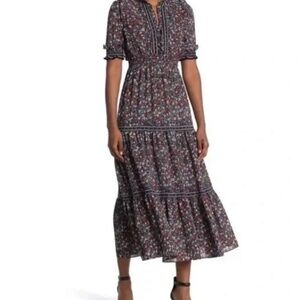 MAX STUDIO Tiered Navy Floral Midi Dress Size Small